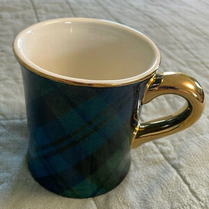 Talbots green blue tartan plaid gold handle coffee mug cup